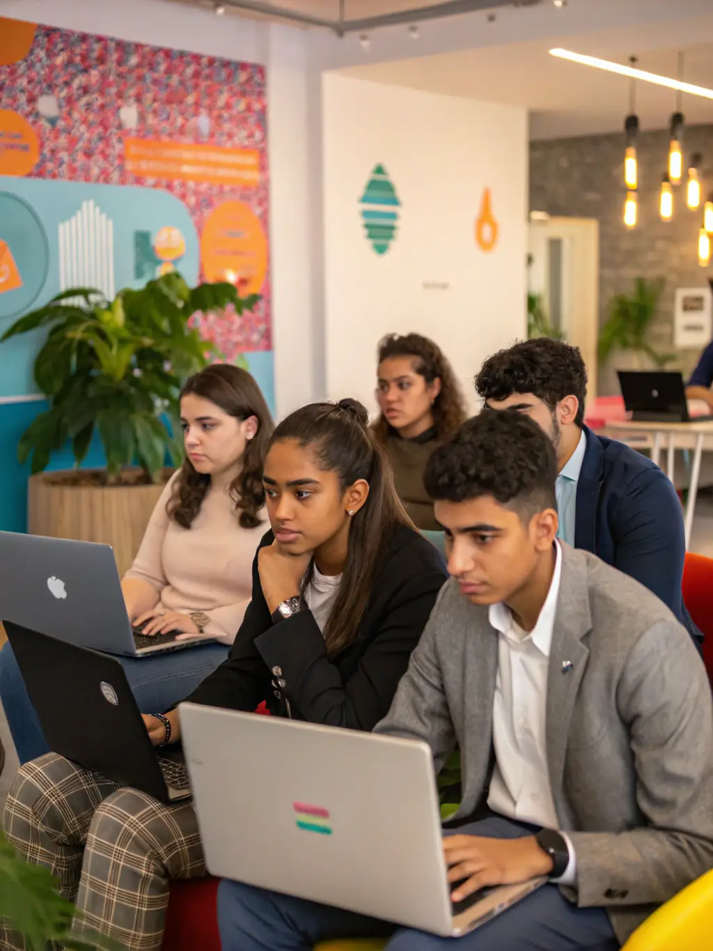 A speaker presenting a webinar on the latest tech trends, with a diverse audience of students watching attentively on their devices. The scene should convey knowledge sharing and engagement.