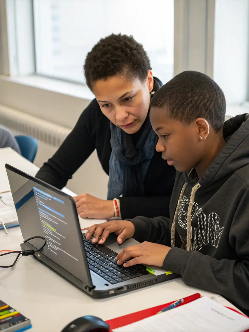 A mentor guiding a student through a complex tech project, both looking at a screen with lines of code, in a brightly lit office space. The image should convey guidance and support.